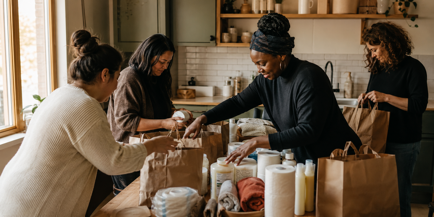 Neighbors organizing household supplies together